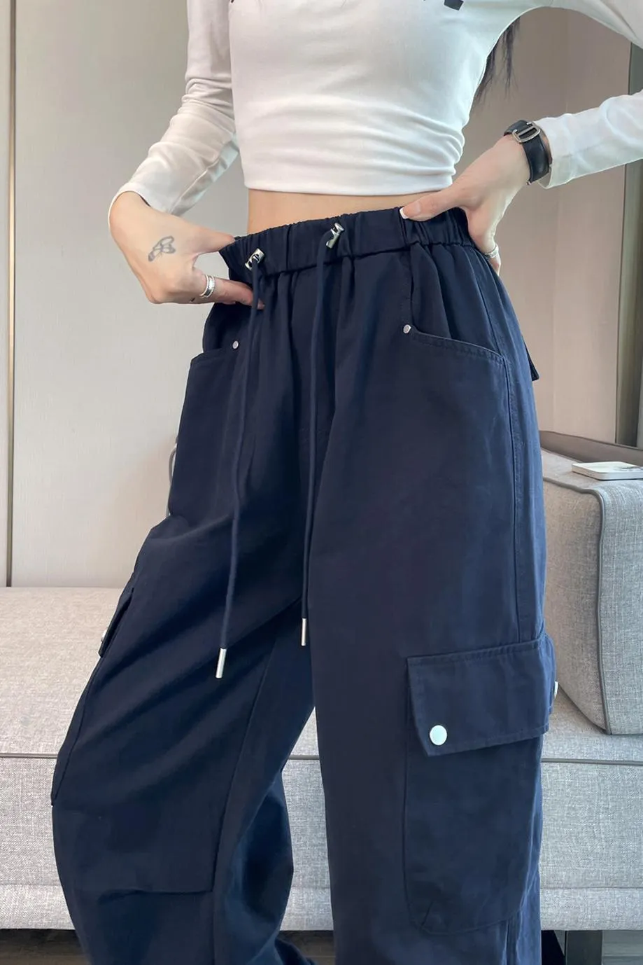 Lightweight Wide Leg Cargo Pant for Women with Drawstring Cuffs