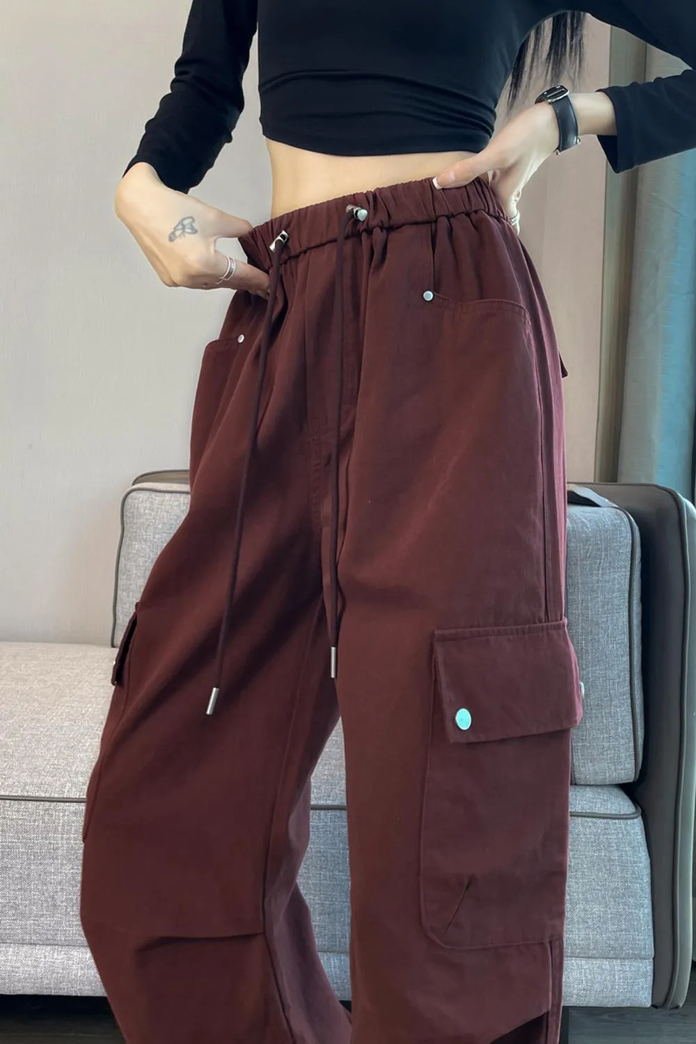 Lightweight Wide Leg Cargo Pant for Women with Drawstring Cuffs