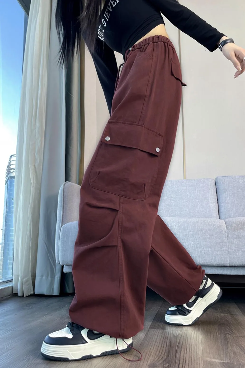 Lightweight Wide Leg Cargo Pant for Women with Drawstring Cuffs