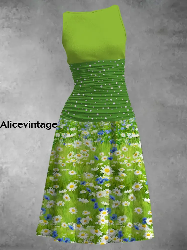 Little Daisy Printed Elegant Vintage Chic Sleeveless Tank Top Midi Dress