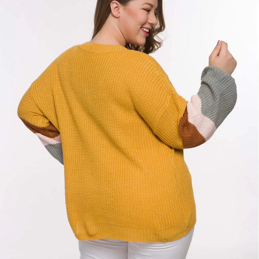 Long Sleeved Head V-neck Color Matching Fat Woman Autumn and Winter Large Size Sweater 2 Colors
