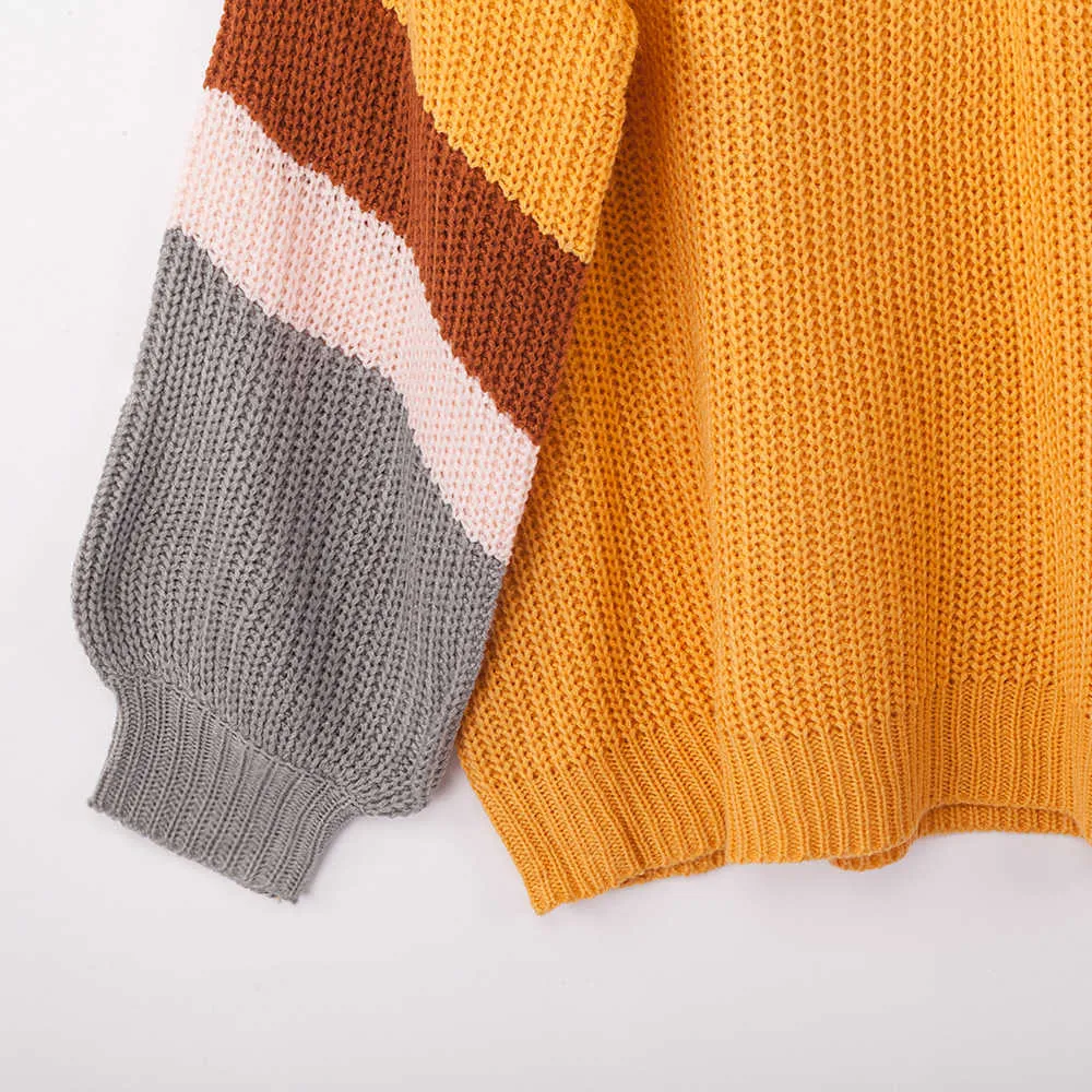 Long Sleeved Head V-neck Color Matching Fat Woman Autumn and Winter Large Size Sweater 2 Colors