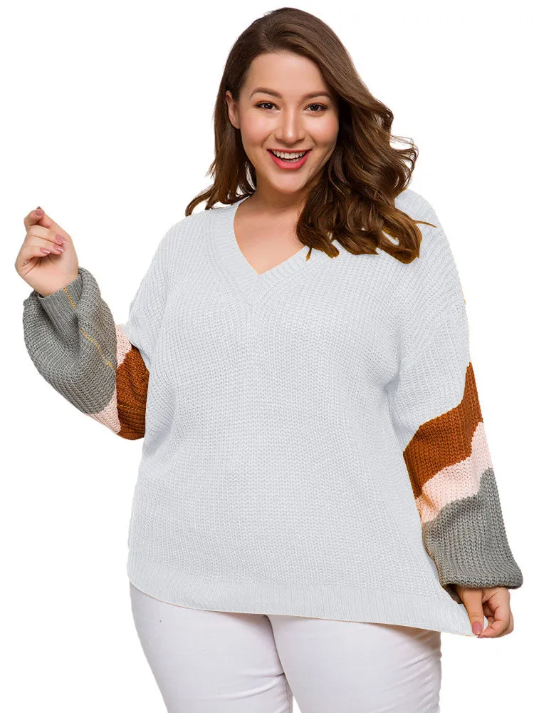 Long Sleeved Head V-neck Color Matching Fat Woman Autumn and Winter Large Size Sweater 2 Colors
