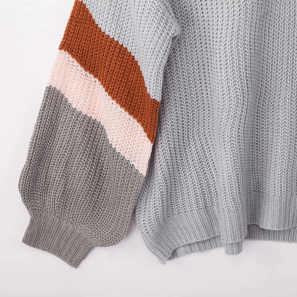 Long Sleeved Head V-neck Color Matching Fat Woman Autumn and Winter Large Size Sweater 2 Colors