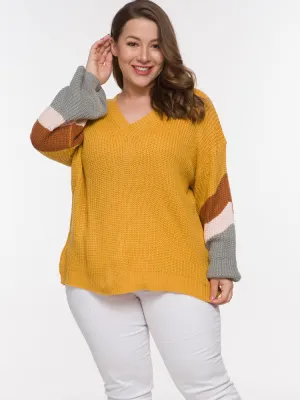 Long Sleeved Head V-neck Color Matching Fat Woman Autumn and Winter Large Size Sweater 2 Colors