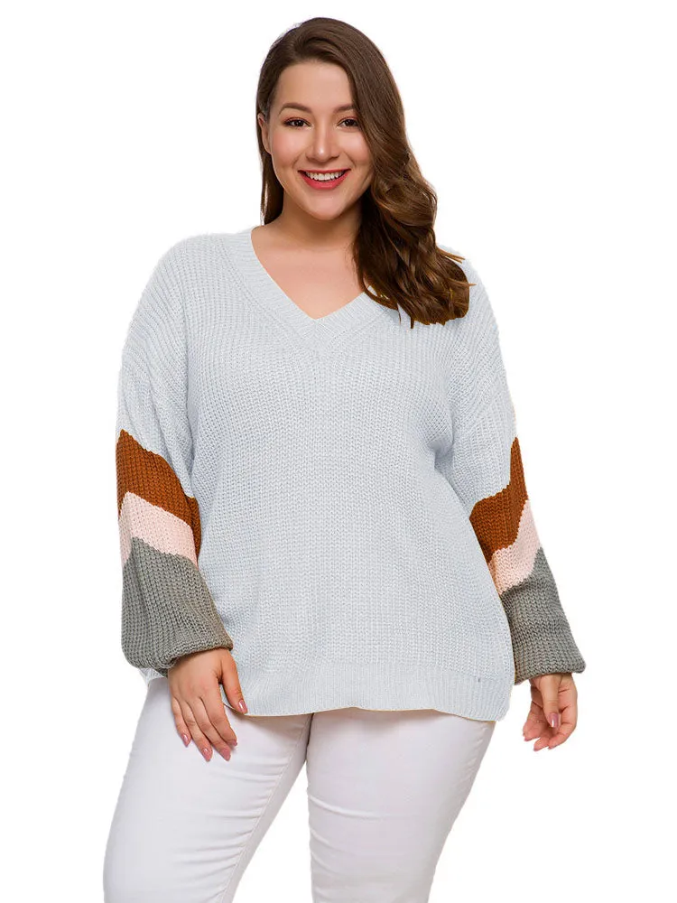 Long Sleeved Head V-neck Color Matching Fat Woman Autumn and Winter Large Size Sweater 2 Colors