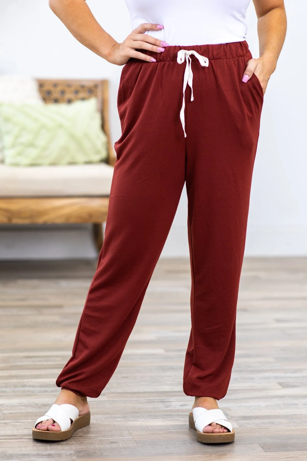 Maroon Drawstring Waist Knit Joggers
