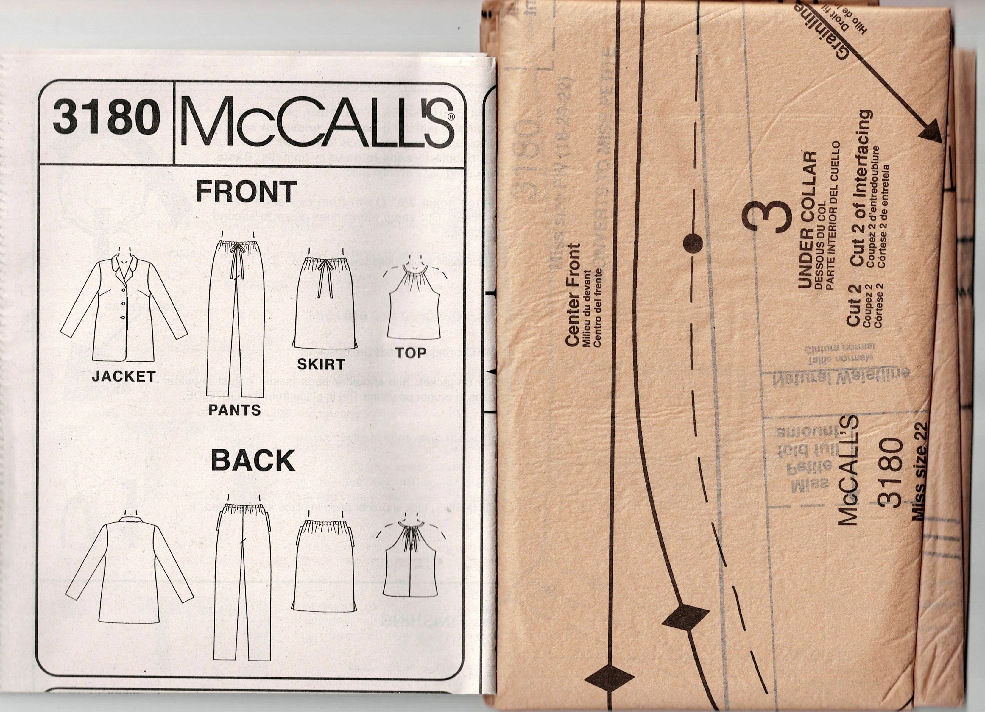 McCall's 3180 Womens Non Stop Wardrobe Jacket Halter Top Pants & Skirt Out Of Print Sewing Pattern Size 18 - 22 UNCUT Factory Folded