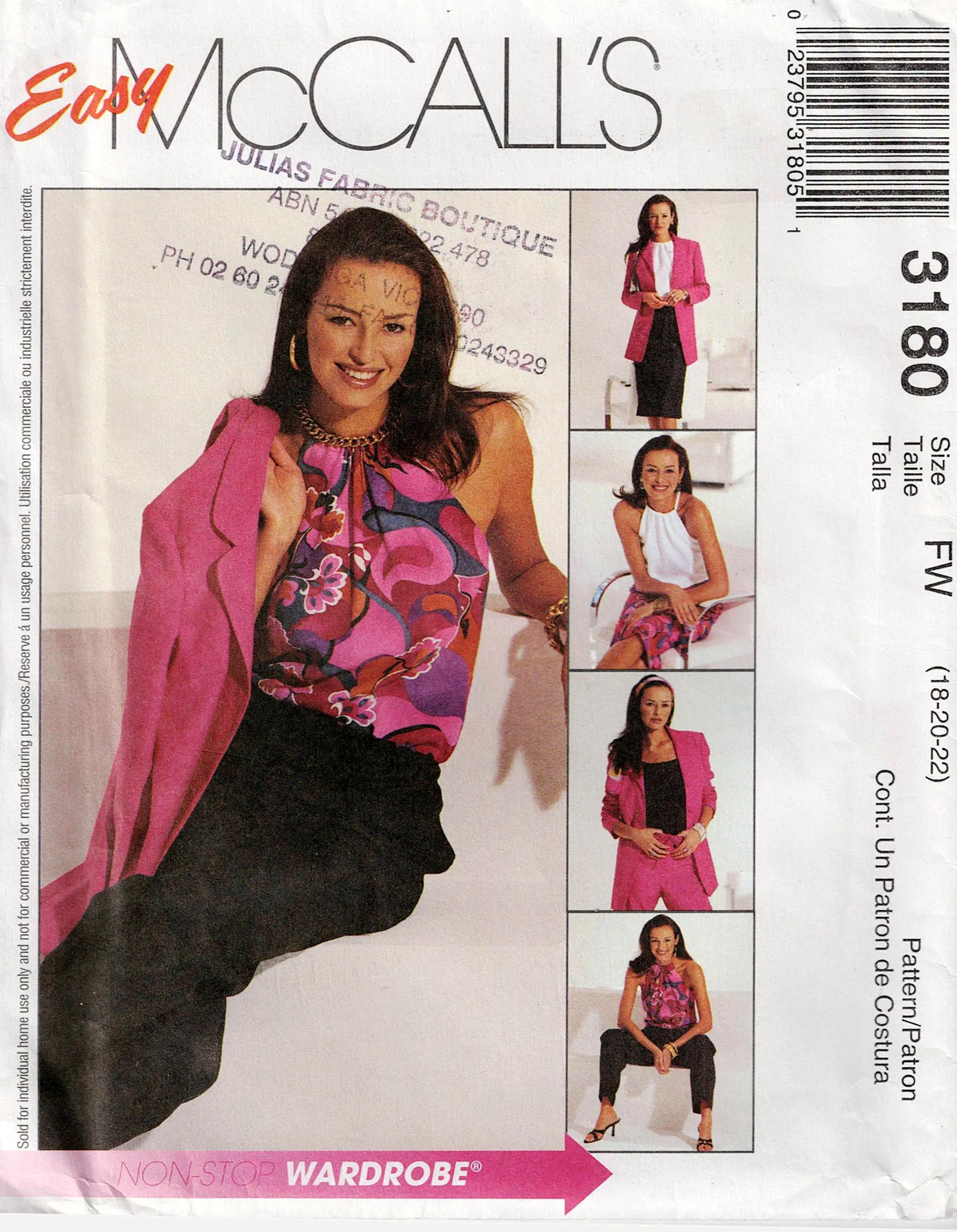 McCall's 3180 Womens Non Stop Wardrobe Jacket Halter Top Pants & Skirt Out Of Print Sewing Pattern Size 18 - 22 UNCUT Factory Folded