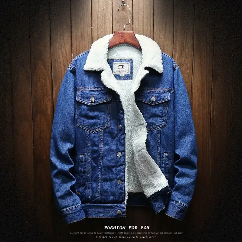 Mens Light Blue Winter Jean Jackets Outerwear Warm Denim Coats