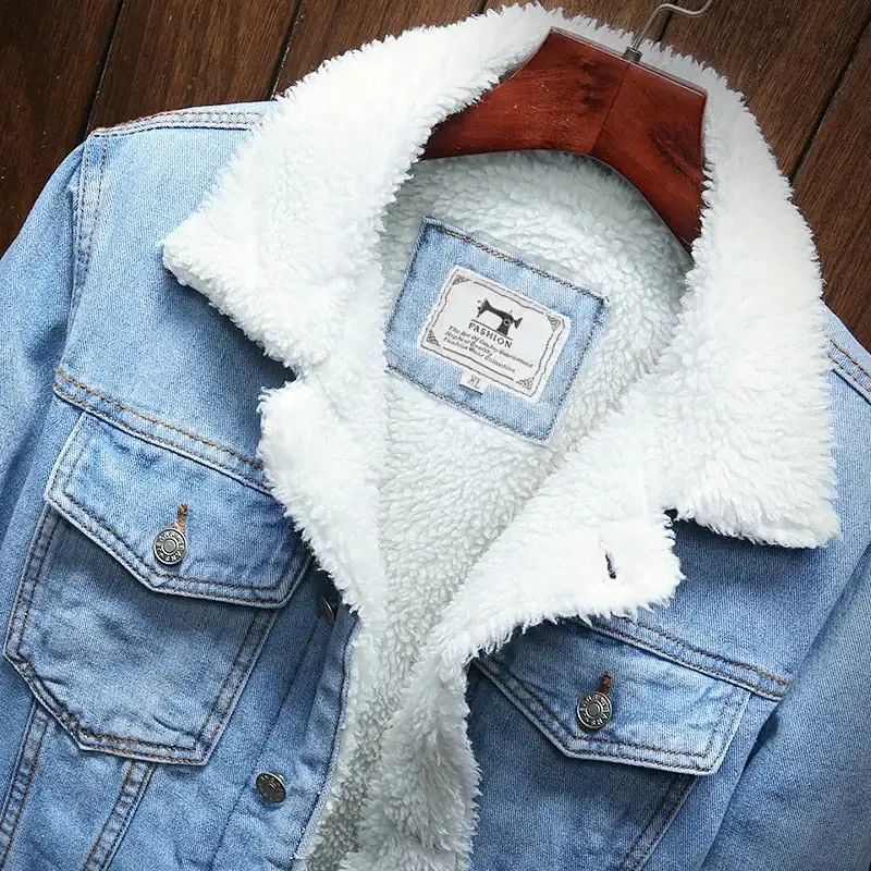 Mens Light Blue Winter Jean Jackets Outerwear Warm Denim Coats