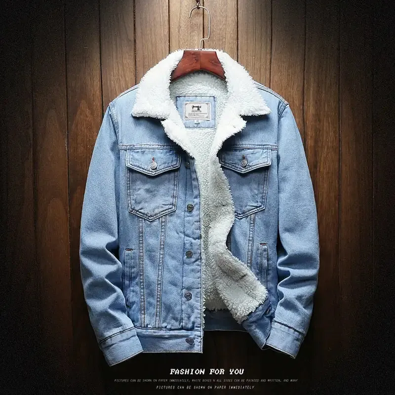 Mens Light Blue Winter Jean Jackets Outerwear Warm Denim Coats