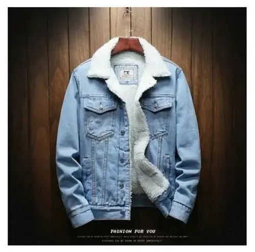 Mens Light Blue Winter Jean Jackets Outerwear Warm Denim Coats