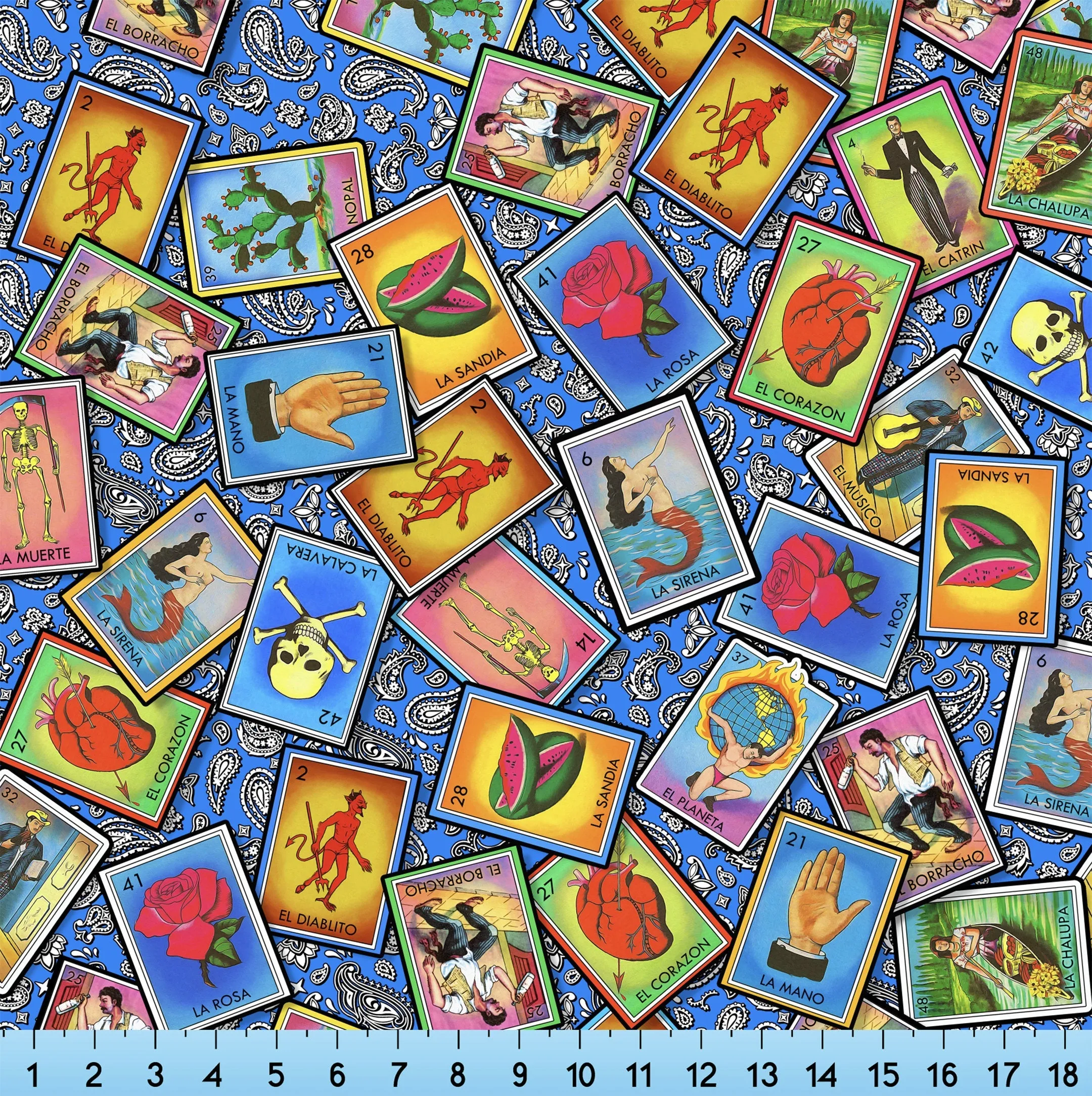 Mexican Loteria Paisley Fabric By The Yard, Mexican Fiesta Lottery Bingo Pattern