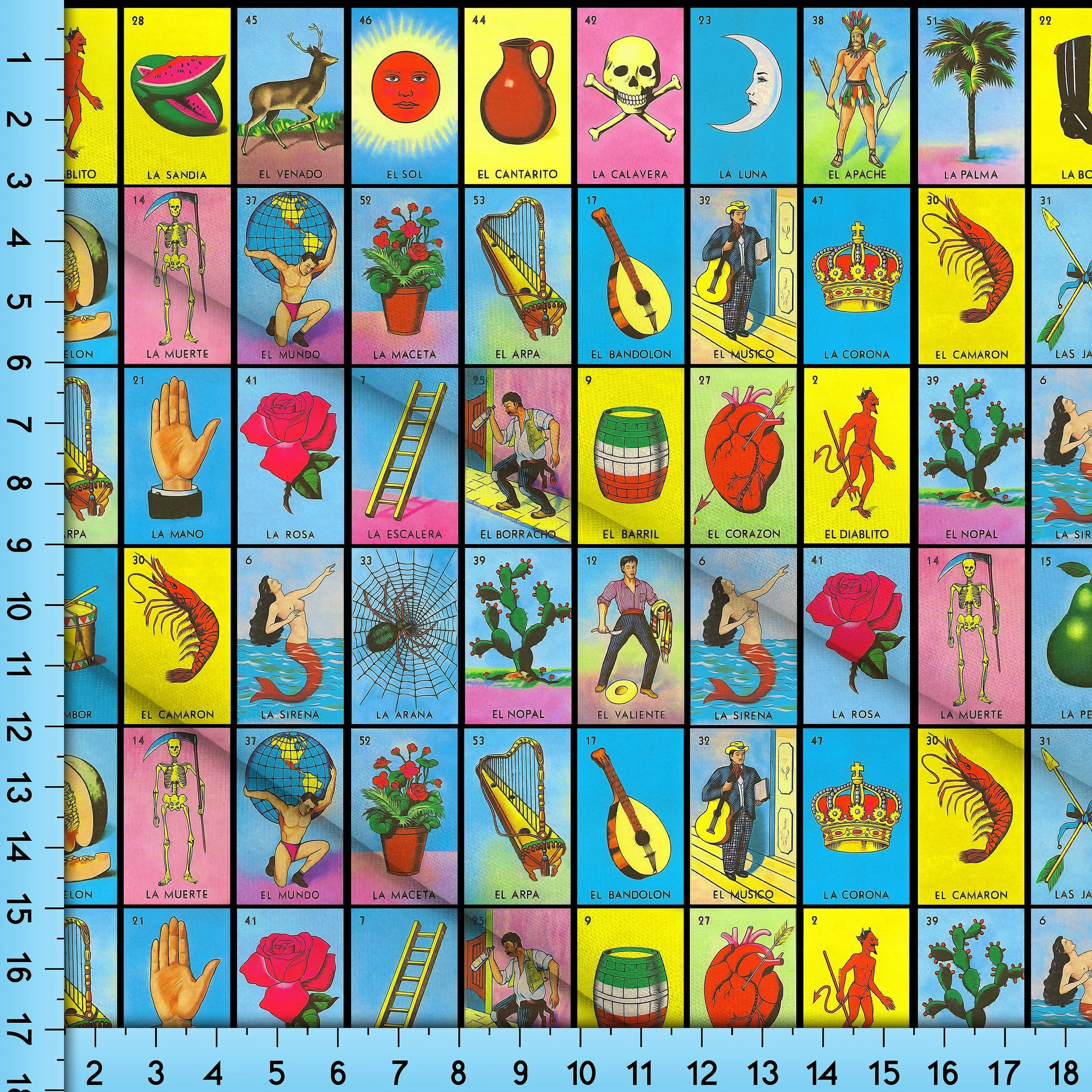 Mexican Lottery Fabric By The Yard, Mexican Loteria Bingo Fabric By The Yard