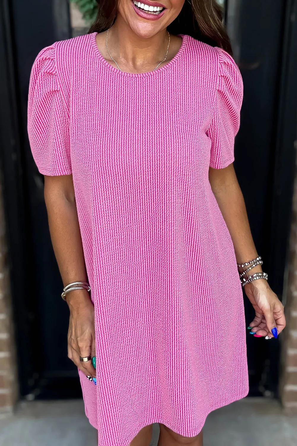 Mint Green Corded Knit Crew Neck Puff Sleeve Shift Mini Dress