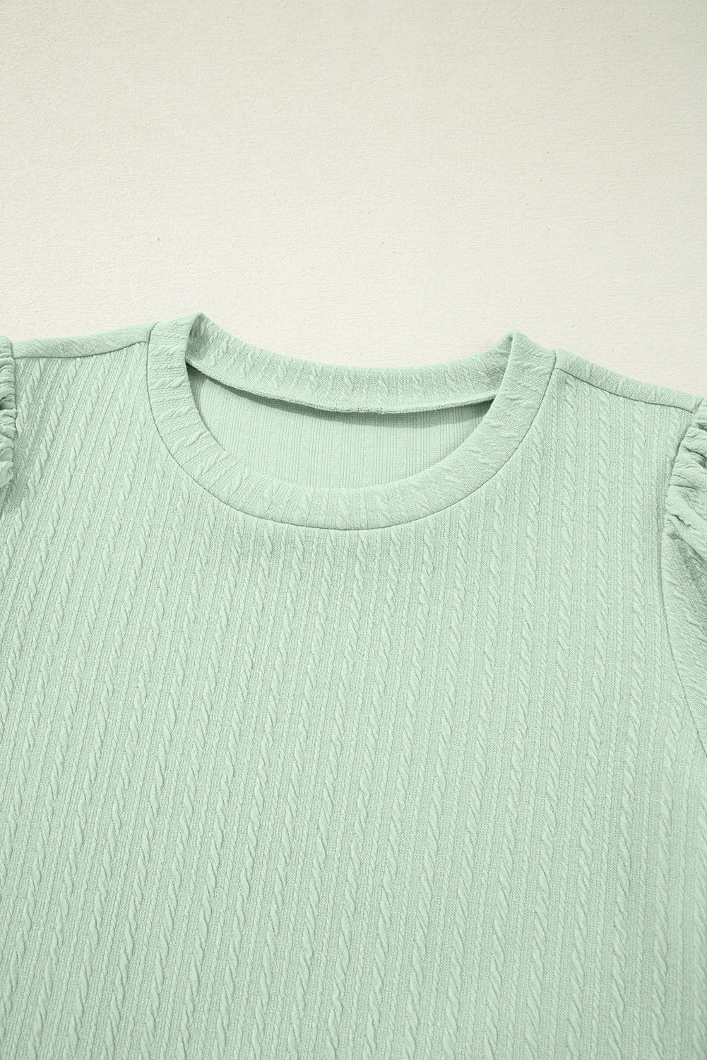 Mist Green Textured Round Neck Short Puff Sleeve Top