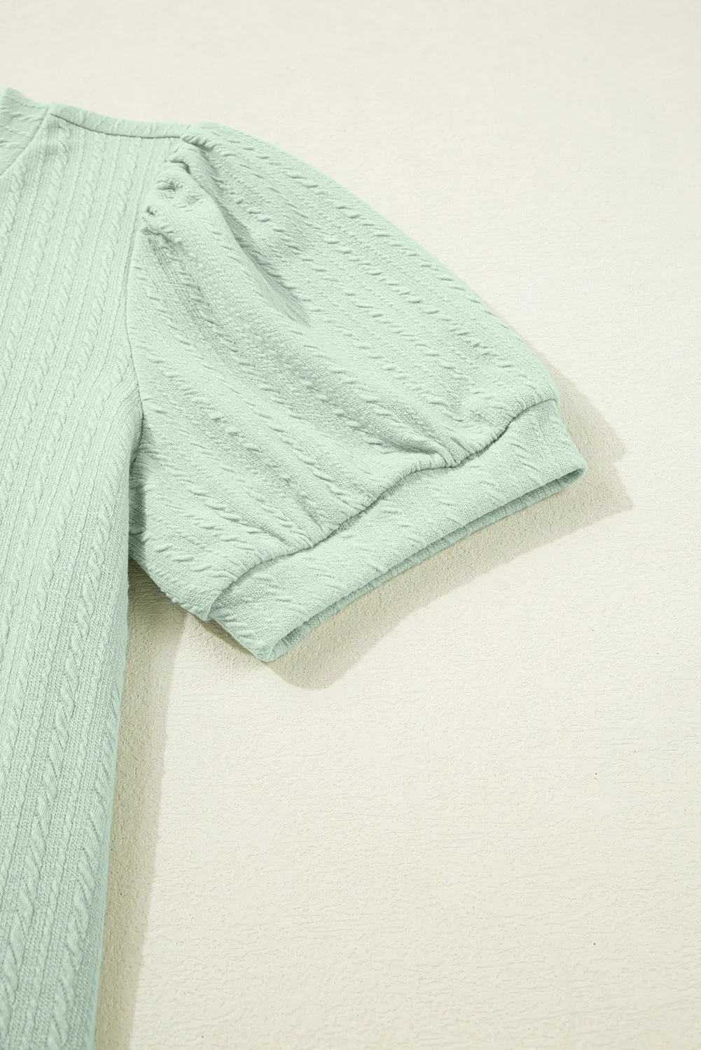 Mist Green Textured Round Neck Short Puff Sleeve Top