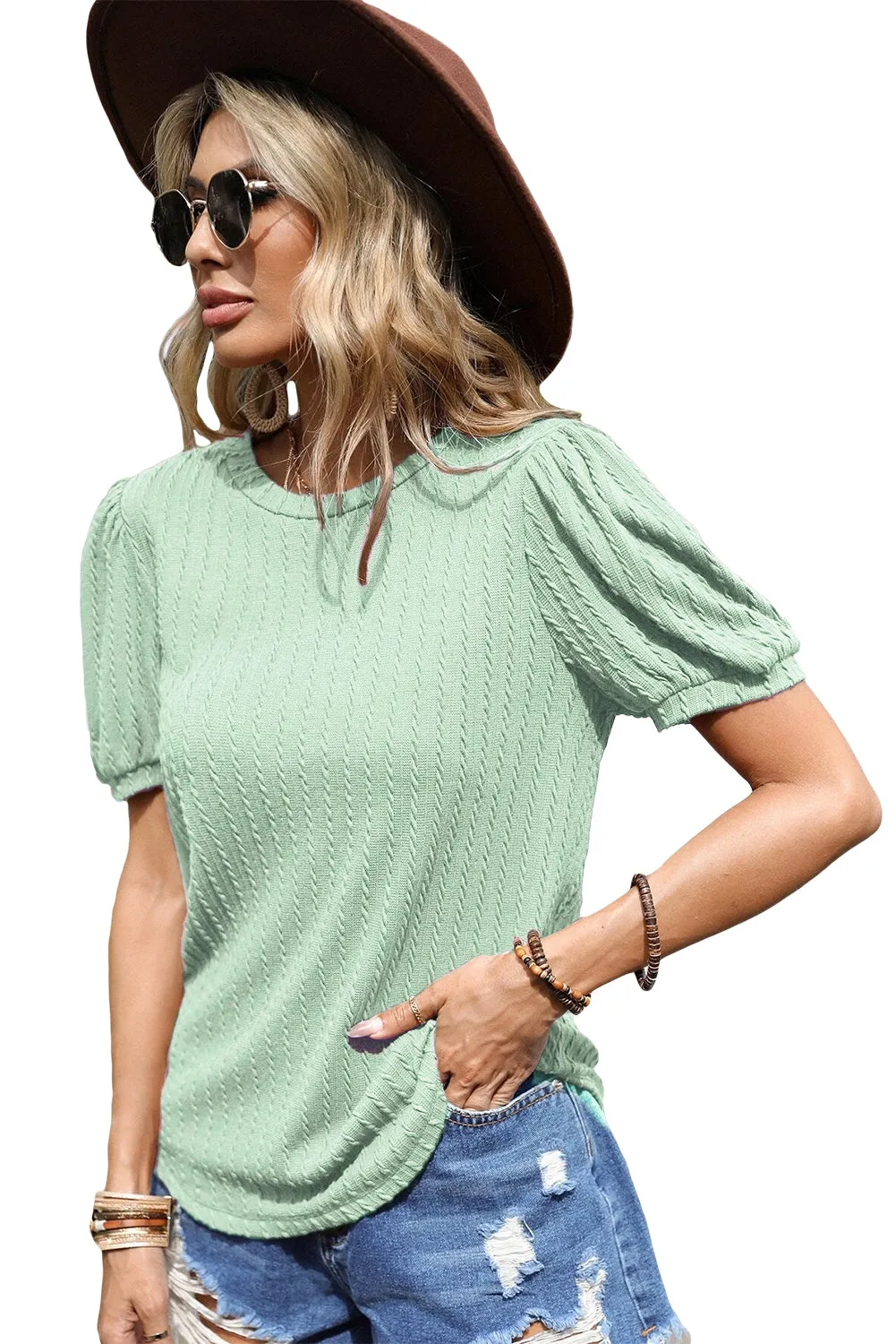 Mist Green Textured Round Neck Short Puff Sleeve Top