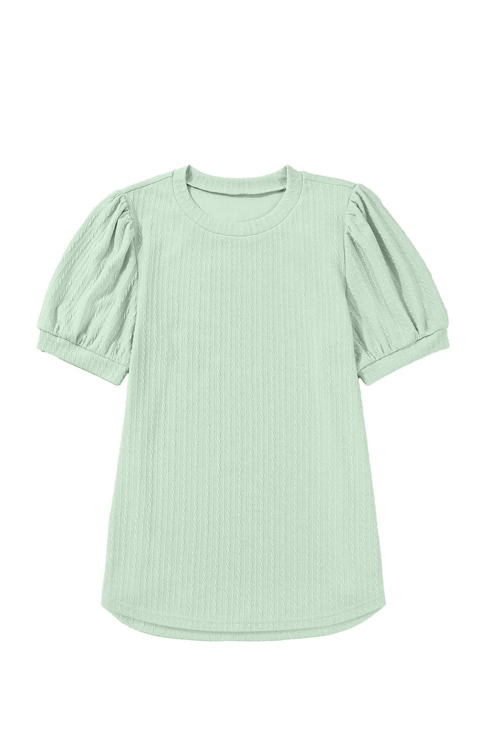 Mist Green Textured Round Neck Short Puff Sleeve Top