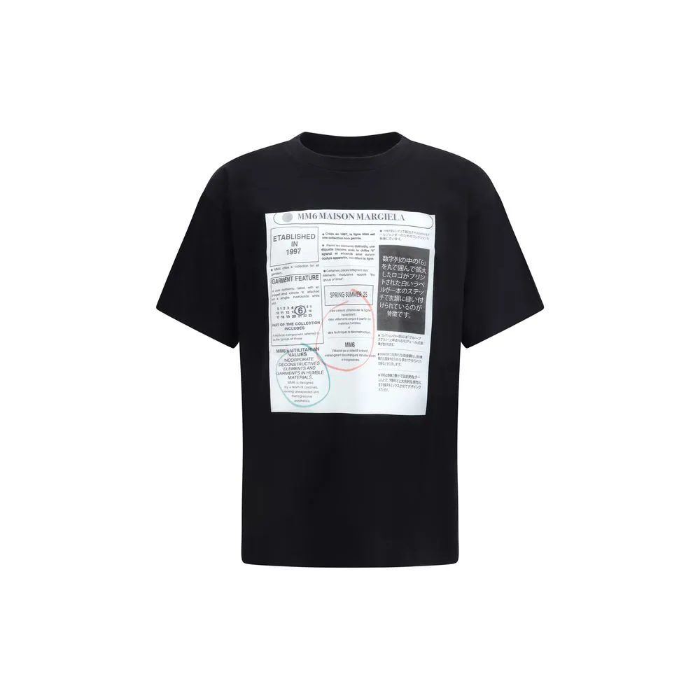 MM6 Men Black T-Shirt Cotton Maxi Print Ribbed Crew Neck Short Sleeve Casual Top