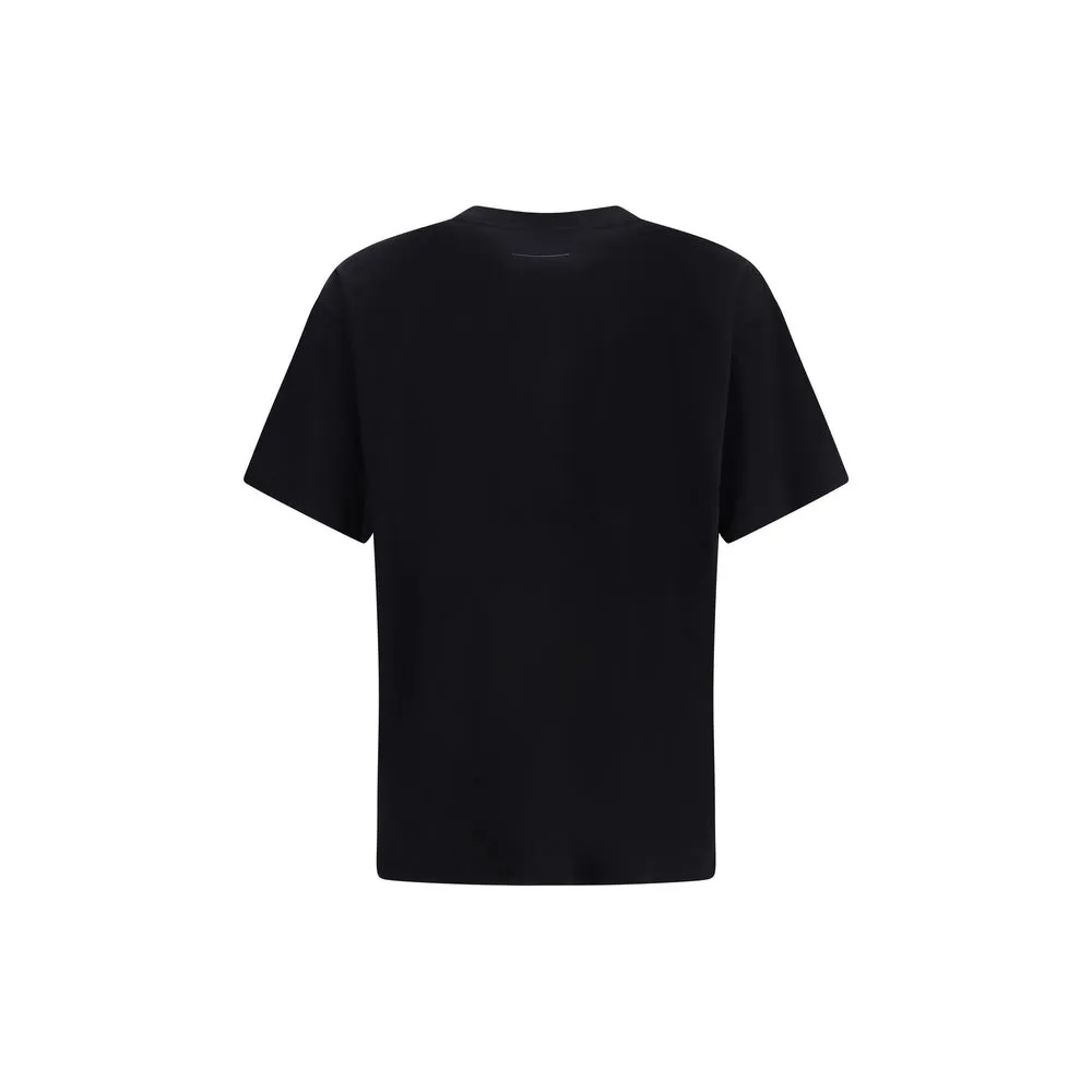 MM6 Men Black T-Shirt Cotton Maxi Print Ribbed Crew Neck Short Sleeve Casual Top