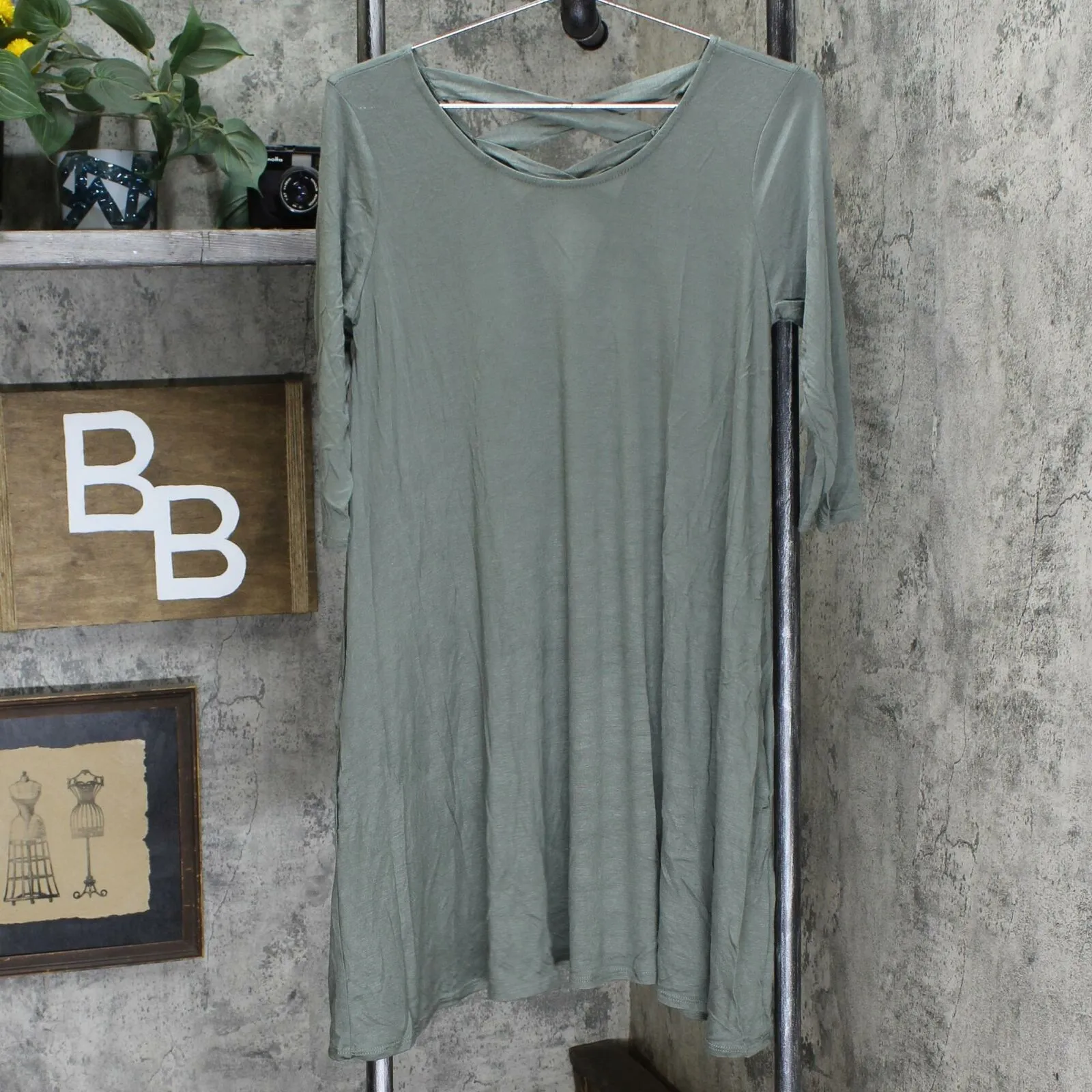 Mother Bee Apparel Maternity Long Sleeve Cross Weave Back Dress Olive Small