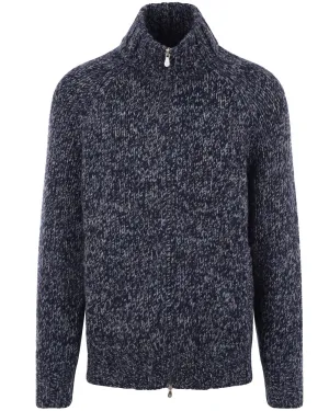 Navy Blue Wool Blend Full Zip Sweater
