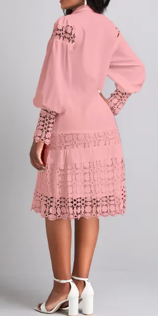 NEW Lace Light Pink Long Sleeve Shirt Collar Shift Dress Rosewe®, Sz XL, Retails $119 