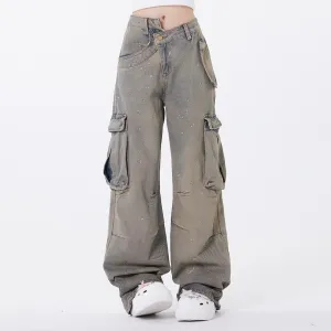 Niche Design Sense National Fashion Workwear Denim Wide Leg Pants Men's High Street Wash Water Do Old Splash Straight Pants