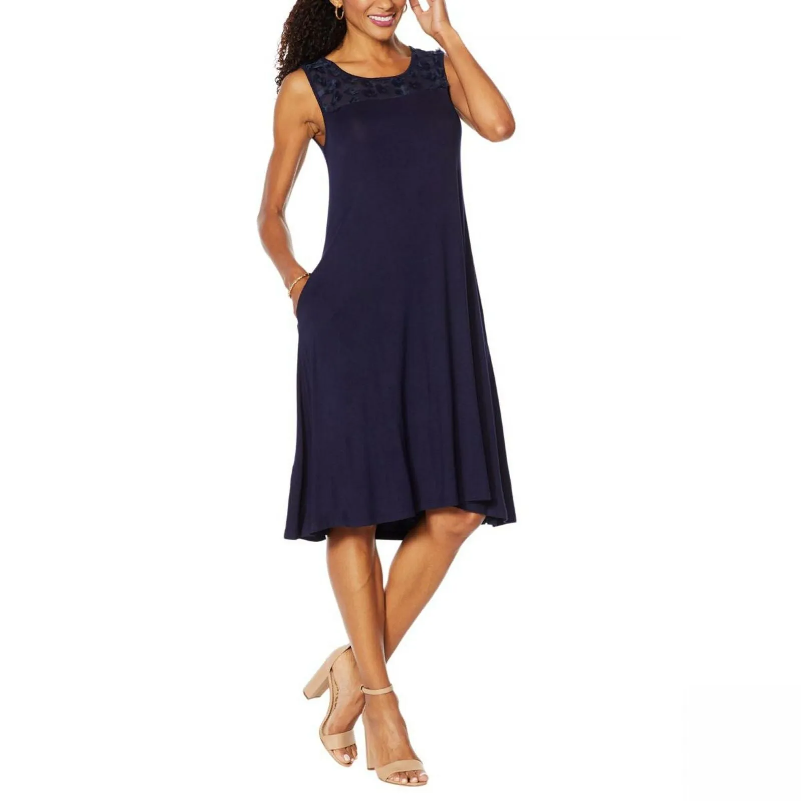 Nina Leonard Women's Plus Size Sleeveless Dress With 3D Floral Chiffon Yoke