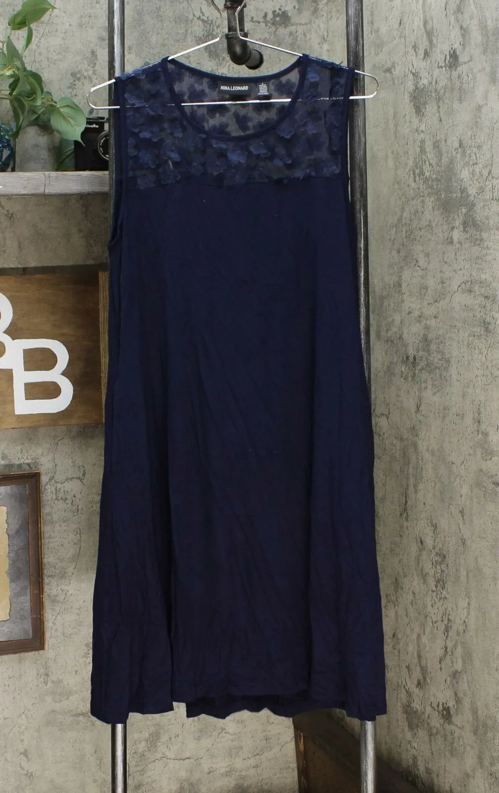 Nina Leonard Women's Sleeveless Dress With 3D Floral Chiffon Yoke Navy Large