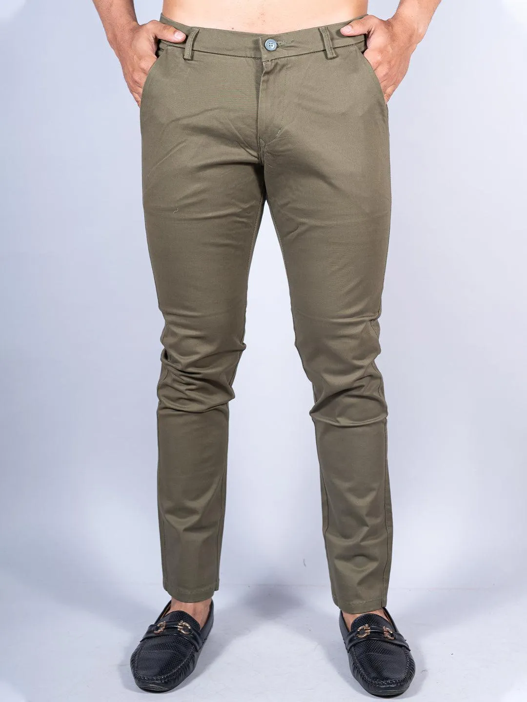 Olive Green Color Ankle Length Fusion Cotton Pant