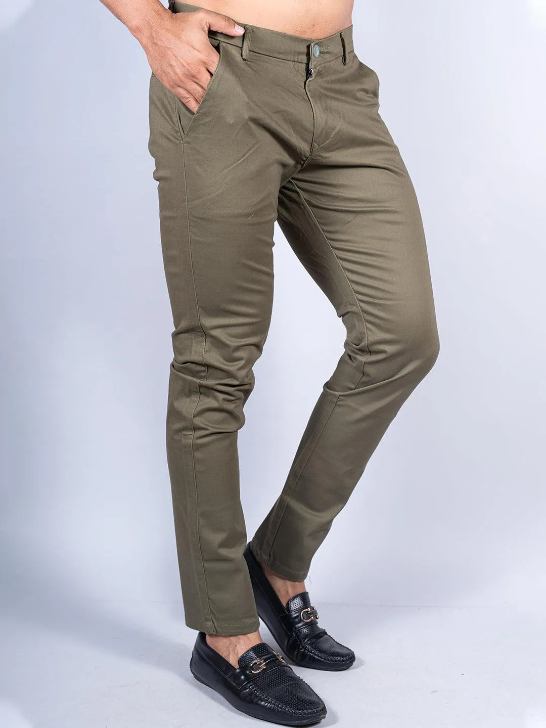Olive Green Color Ankle Length Fusion Cotton Pant