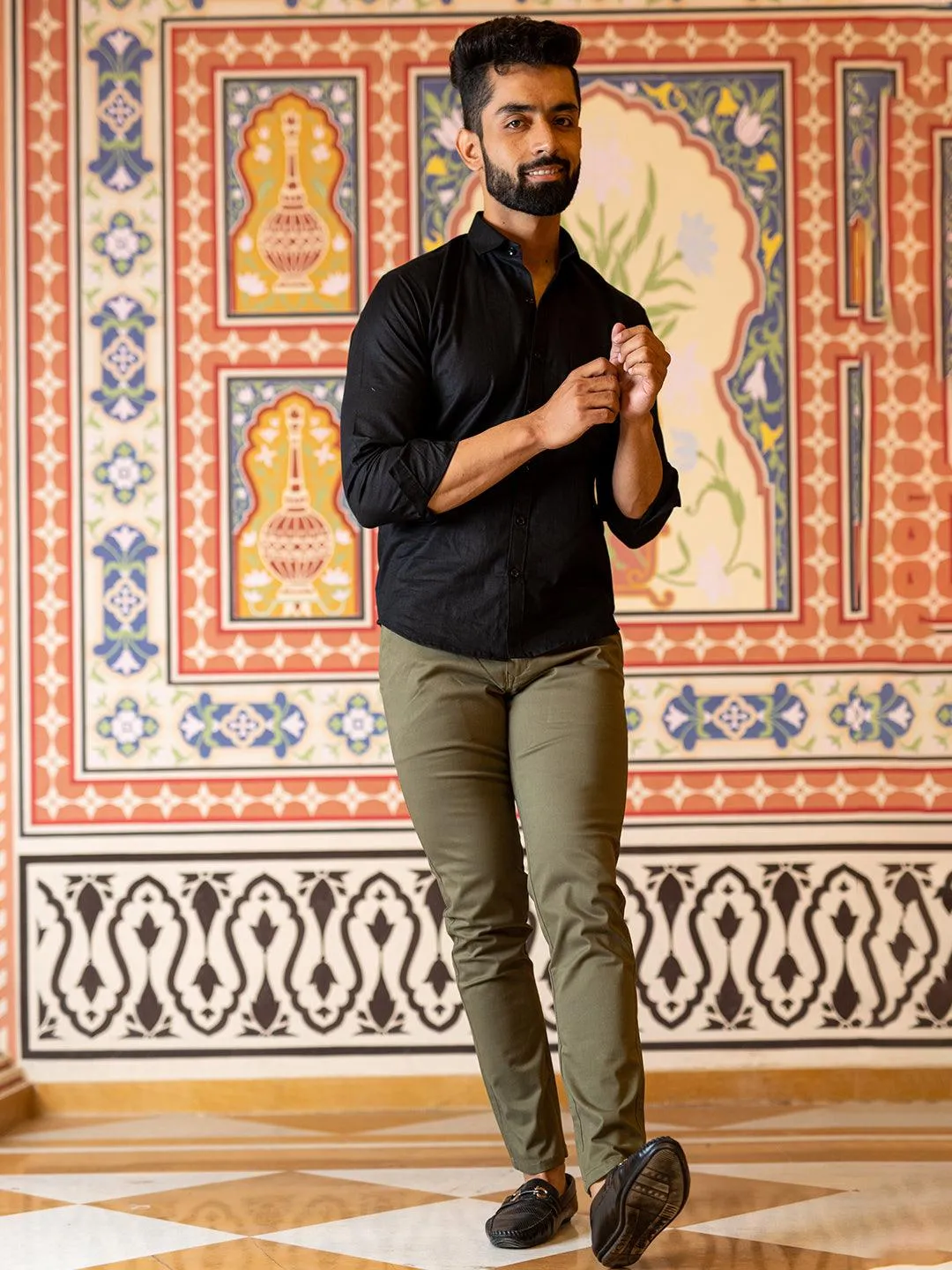 Olive Green Color Ankle Length Fusion Cotton Pant