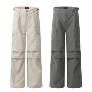 Pleated Paratrooper Tooling Trousers Men's Casual Loose Straight Leg Pants American Style High Street Vibe Trendy Solid Color Wide Leg Pants