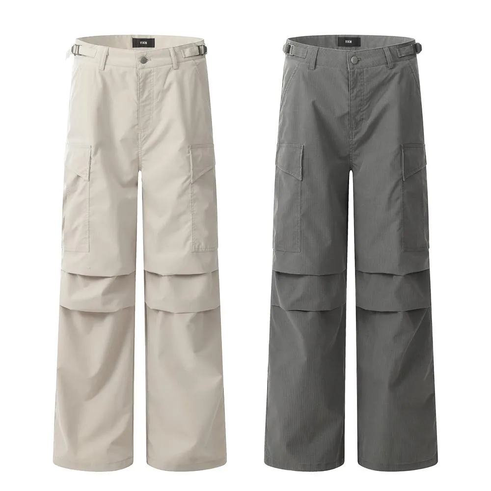 Pleated Paratrooper Tooling Trousers Men's Casual Loose Straight Leg Pants American Style High Street Vibe Trendy Solid Color Wide Leg Pants