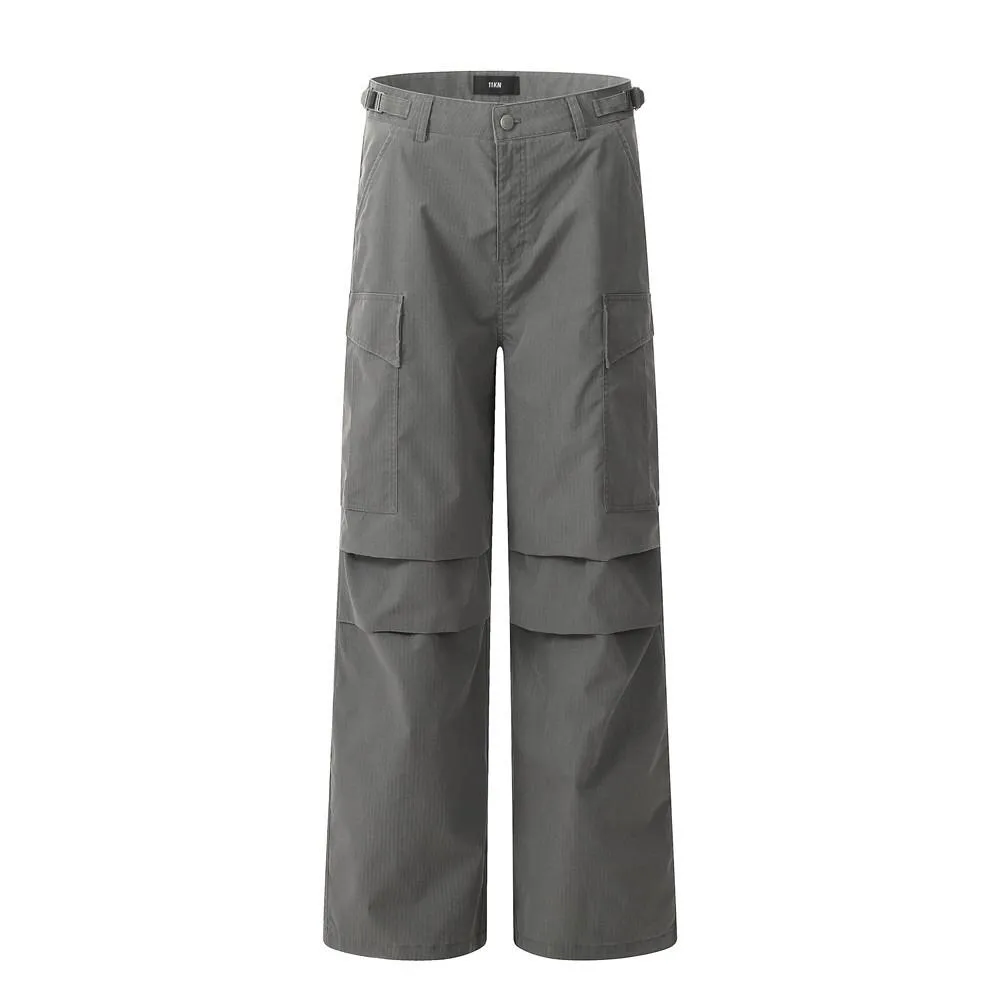 Pleated Paratrooper Tooling Trousers Men's Casual Loose Straight Leg Pants American Style High Street Vibe Trendy Solid Color Wide Leg Pants