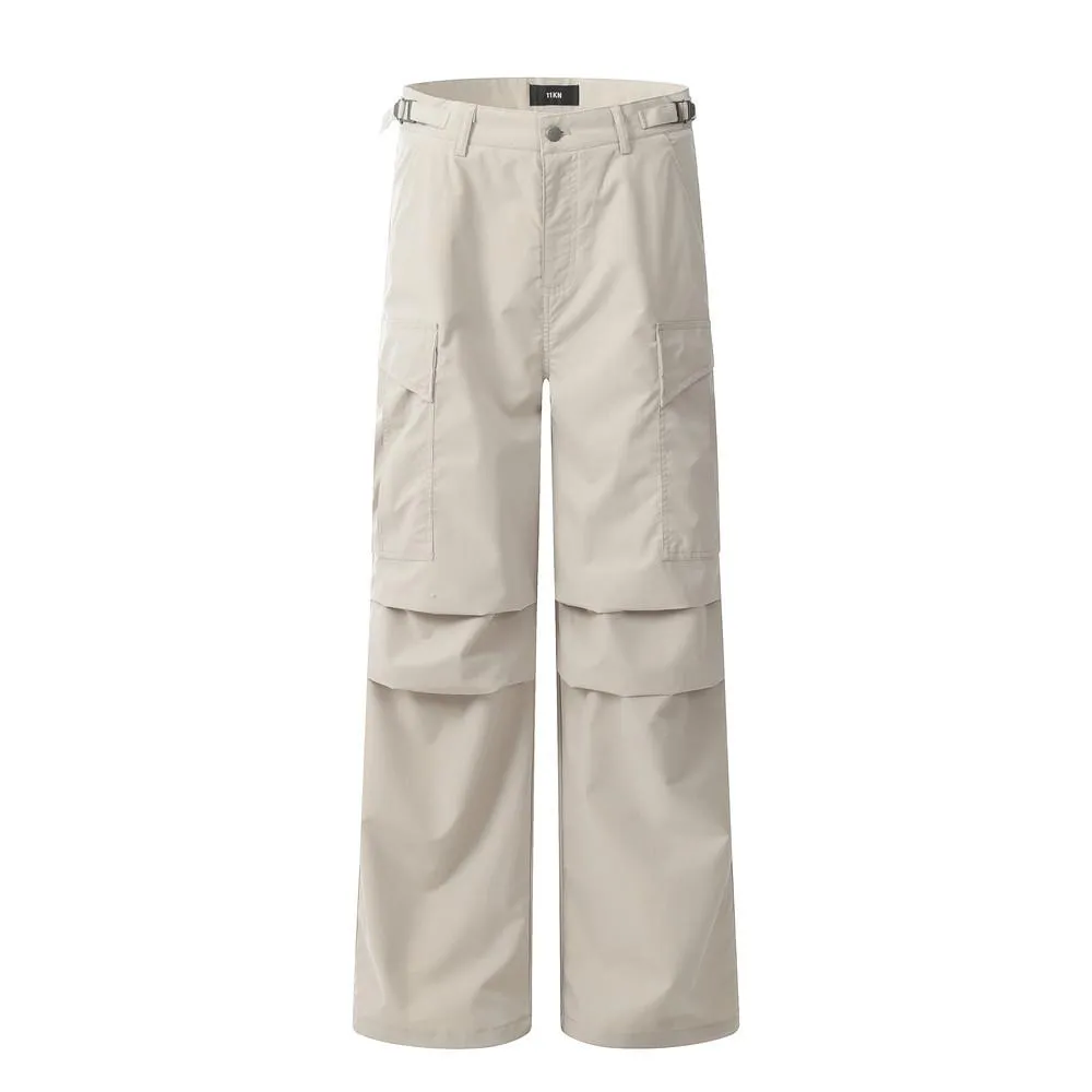 Pleated Paratrooper Tooling Trousers Men's Casual Loose Straight Leg Pants American Style High Street Vibe Trendy Solid Color Wide Leg Pants