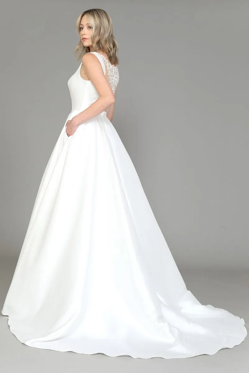 Poly USA 8534 Long A-Line Wedding Gown Illusion Back Chapel Train