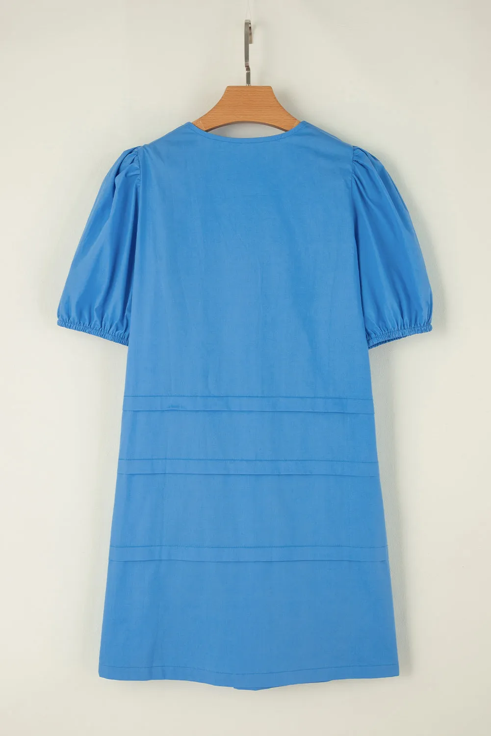 Puff Sleeve Shift Dress with Pleated Front and V-Neck