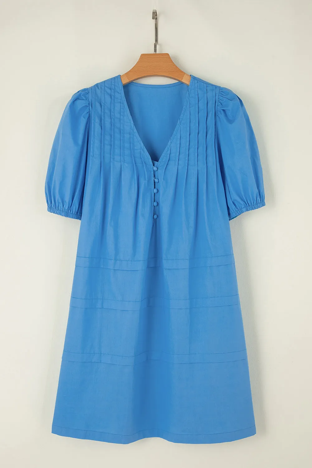 Puff Sleeve Shift Dress with Pleated Front and V-Neck