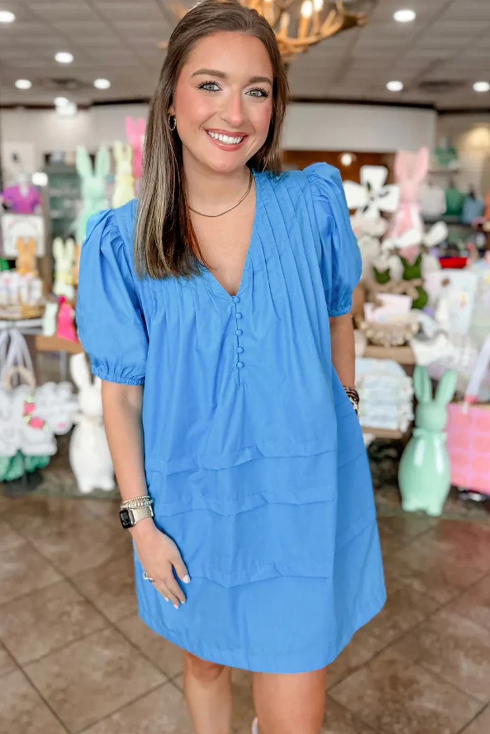 Puff Sleeve Shift Dress with Pleated Front and V-Neck