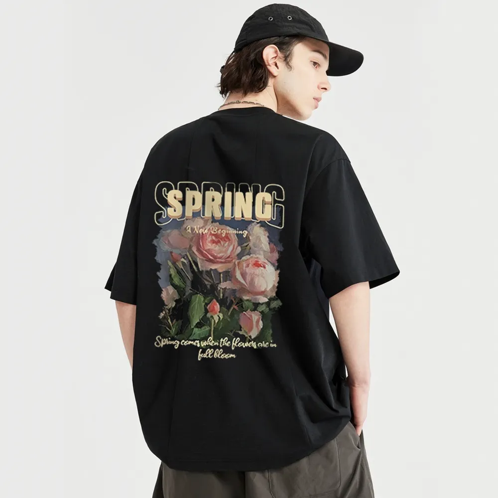 Pure Cotton 260G Spring Rose Print T-Shirt