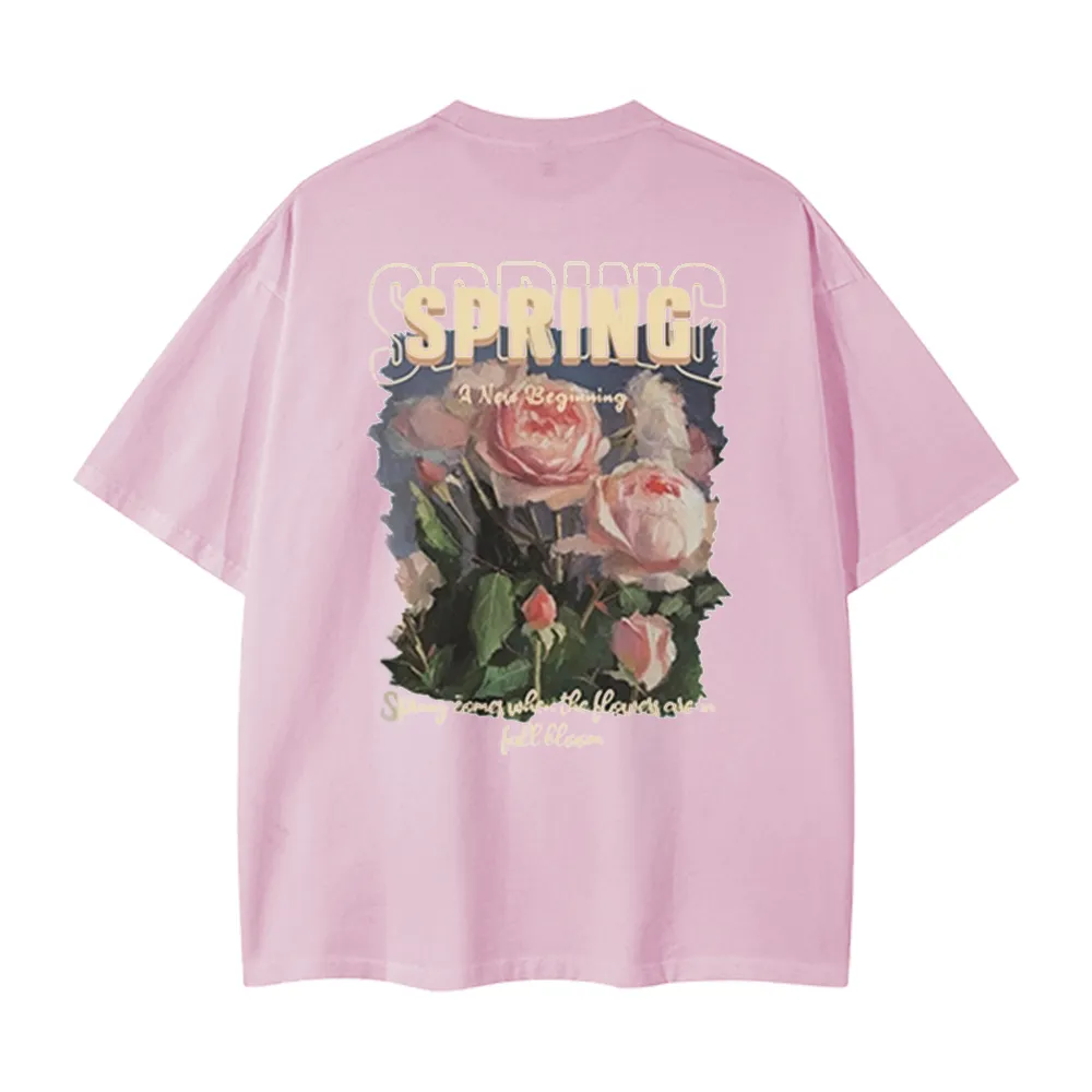 Pure Cotton 260G Spring Rose Print T-Shirt