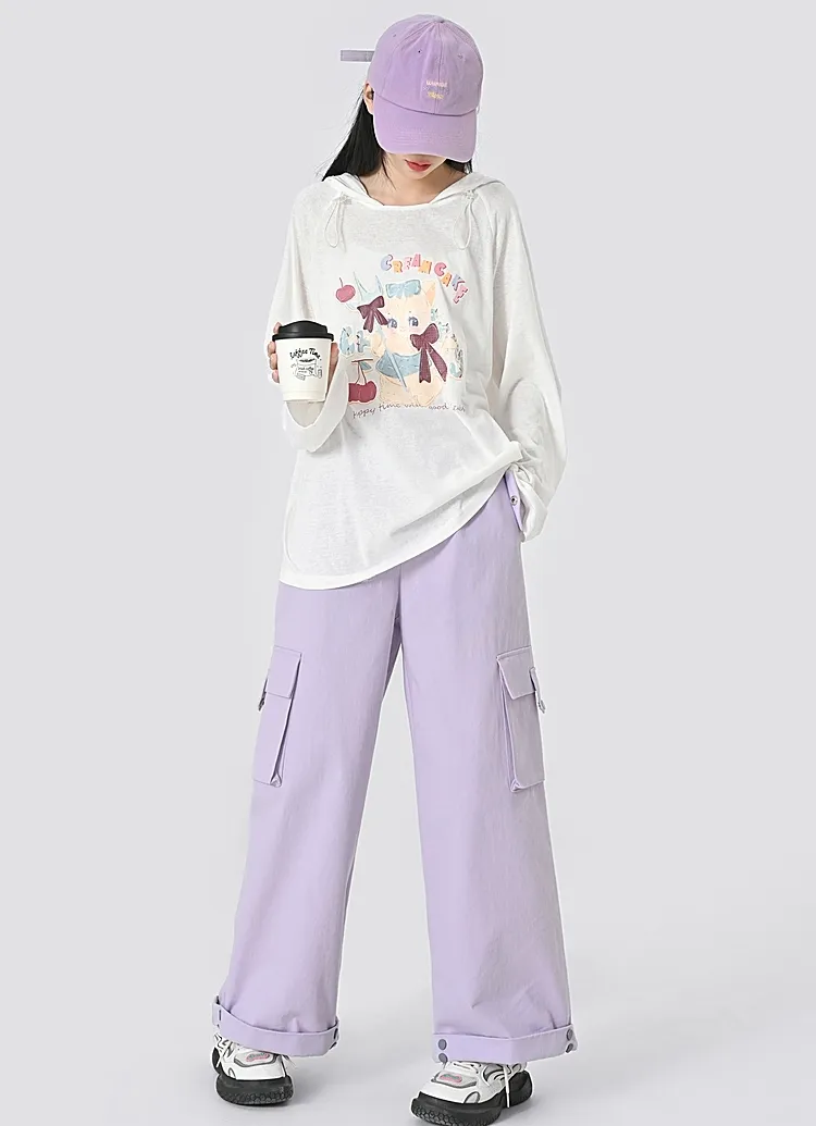 Purple Solid High Waist Straight Cargo Pants
