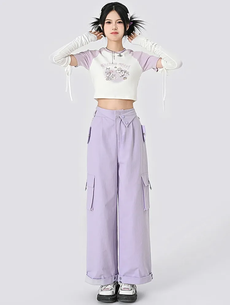 Purple Solid High Waist Straight Cargo Pants