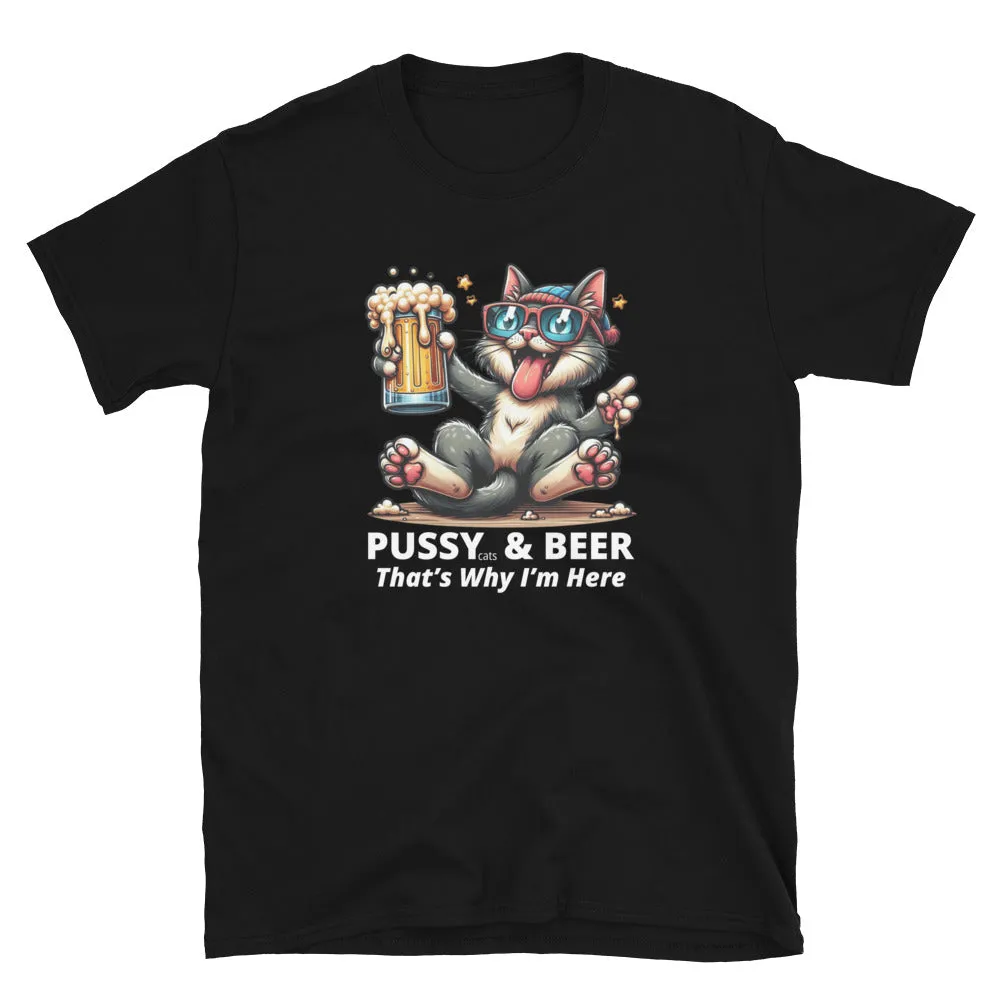 Pussy Cat Holding Beer Funny T-shirt. Short-Sleeve Unisex (4 Colors)