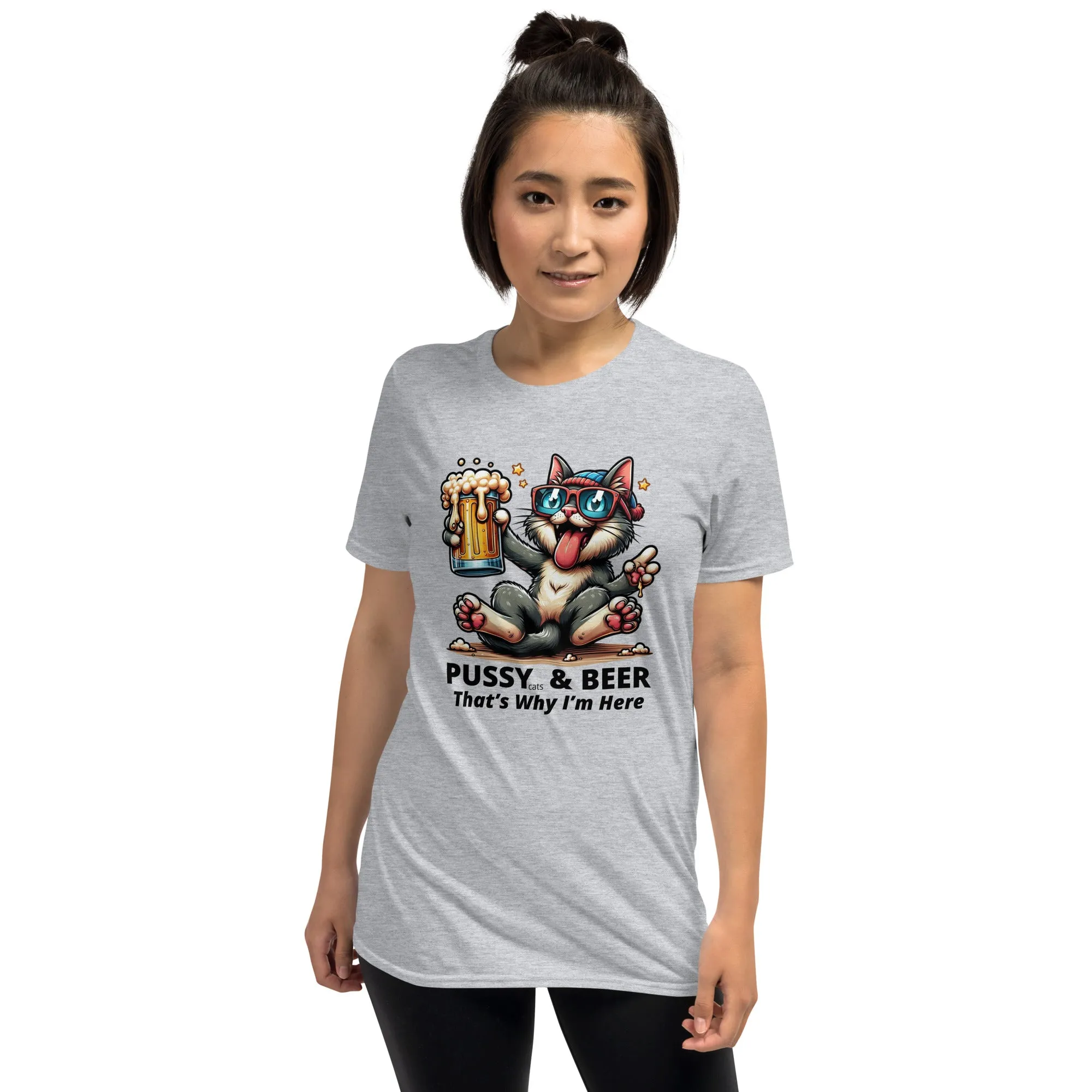 Pussy Cat Holding Beer Funny T-shirt. Short-Sleeve Unisex (4 Colors)