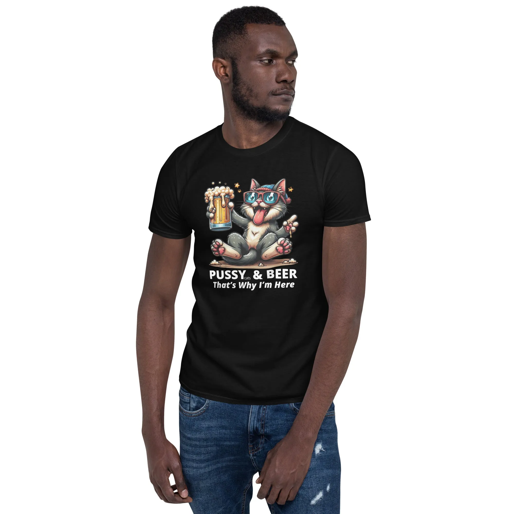 Pussy Cat Holding Beer Funny T-shirt. Short-Sleeve Unisex (4 Colors)